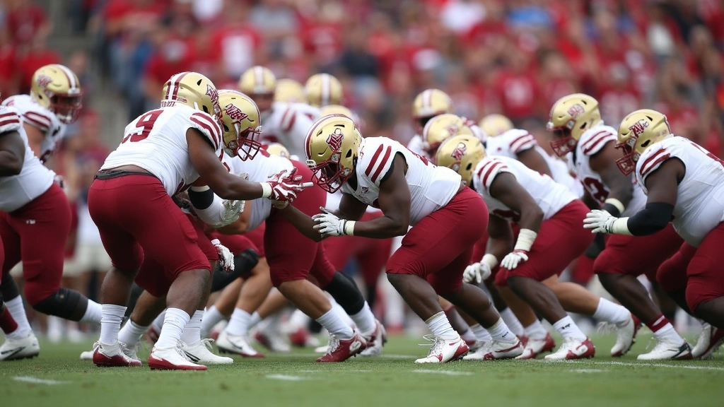 Boston College defensive linemen in white and maroon uniforms engaging with offensive players at line of scrimmage, showing gap control and tackling technique