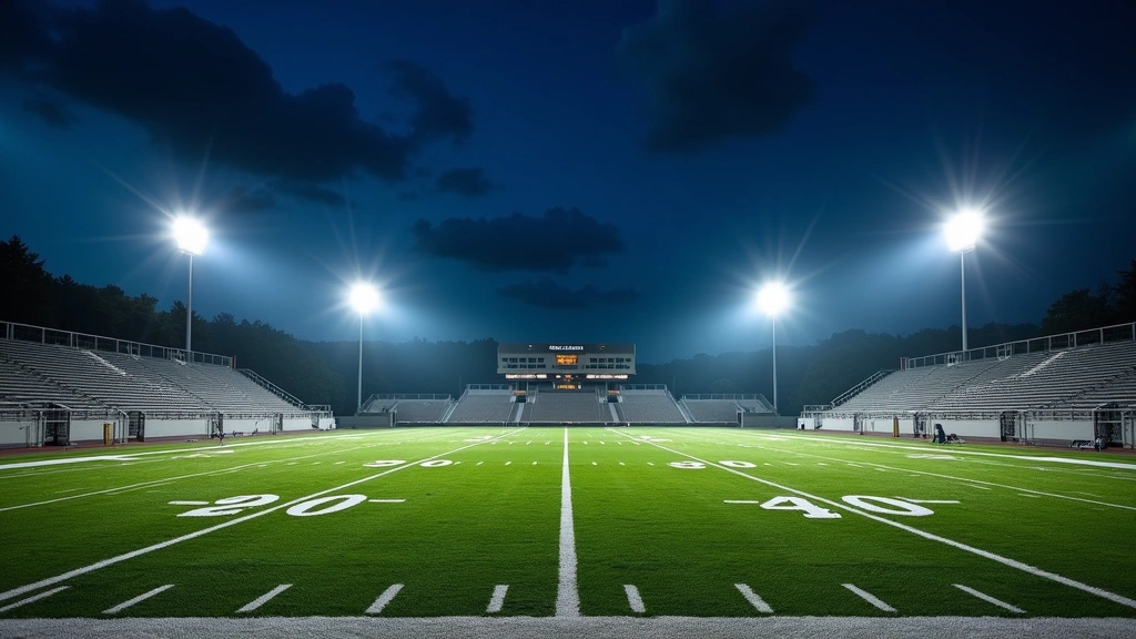 College football stadium at night with field lights illuminating the playing surface, showing empty stands and yard markers, professional photography quality