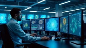 High-tech AI research laboratory with advanced GPU computing clusters, scientists working at workstations with multiple monitors displaying neural network visualizations, photorealistic professional setting
