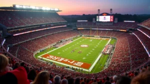 Overhead stadium view of Lane Stadium during daytime college football game, packed stands, bright field lighting, vibrant crowd