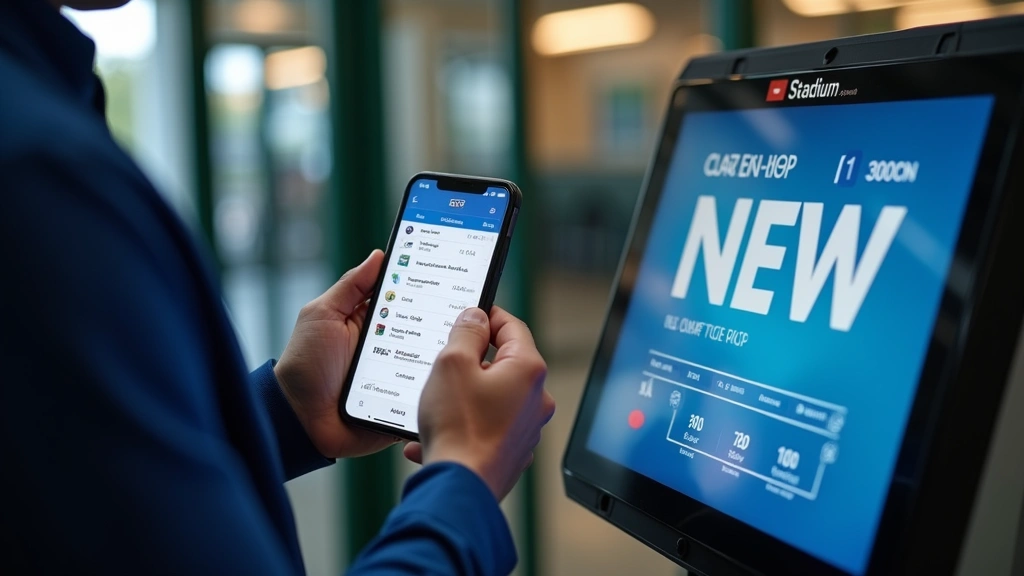 Close-up of mobile phone displaying digital ticket entry screen at stadium gate, security scanning equipment, professional venue staff