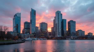Modern Boston skyline featuring glass office buildings and harbor waterfront at sunset, reflecting urban technology hub atmosphere with contemporary architecture