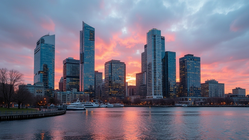 Modern Boston skyline featuring glass office buildings and harbor waterfront at sunset, reflecting urban technology hub atmosphere with contemporary architecture