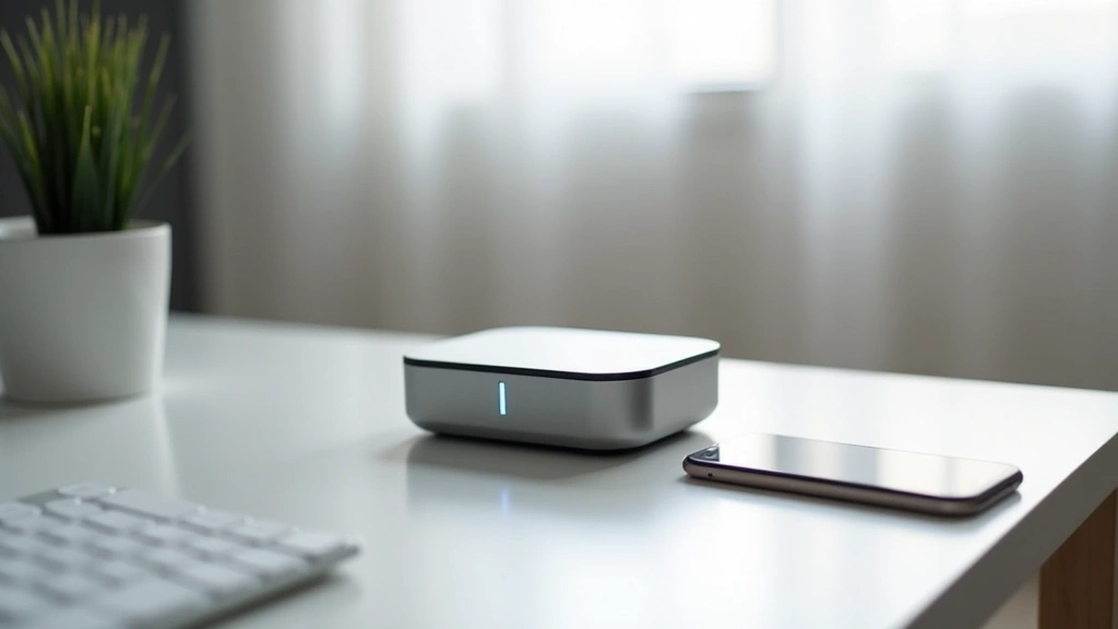 Bowen Tech smart home hub with touchscreen display, minimalist aluminum design, sitting on modern white desk with smartphone nearby, soft studio lighting