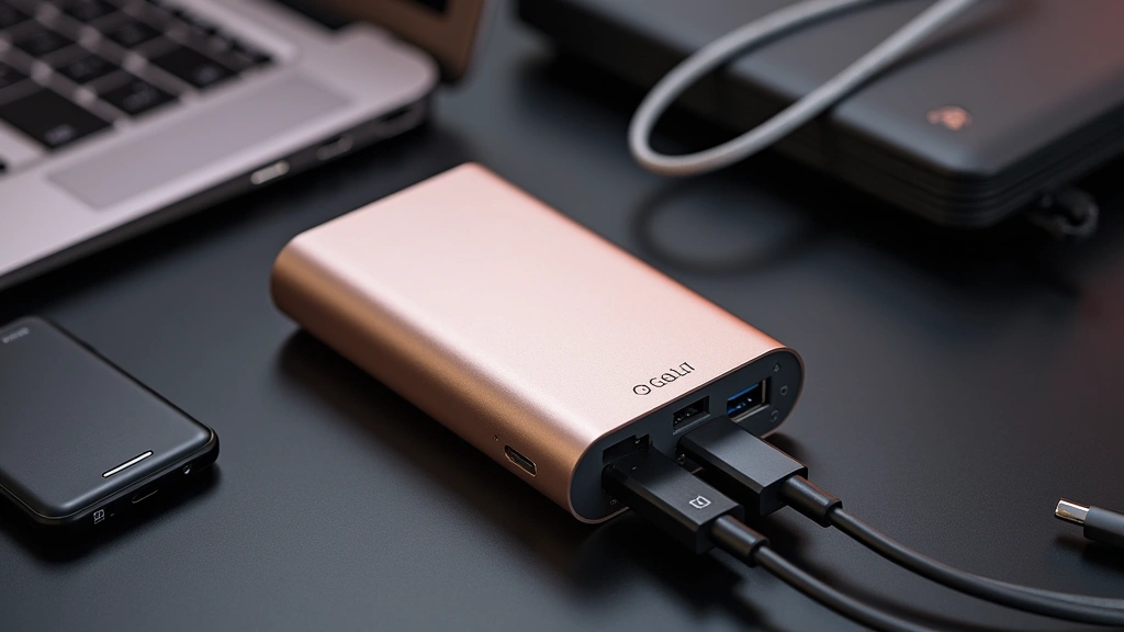 Bowen Tech 30000mAh power bank with dual USB-C and USB-A ports visible, champagne gold color, displayed on tech workspace with cables and gadgets, professional product photography