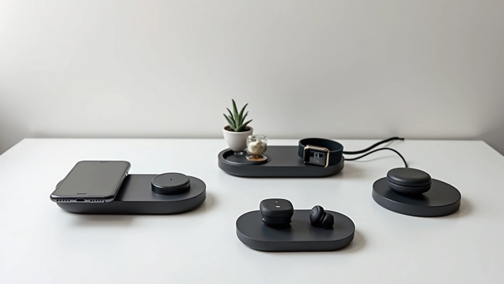 Collection of Bowen Tech wireless chargers and true wireless earbuds arranged artfully, showing multi-device charging station with phone, smartwatch, and earbuds, clean minimalist aesthetic
