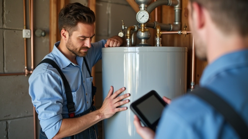 Professional technician inspecting residential water heater with diagnostic tools in a home utility room, examining tank connections and gauges