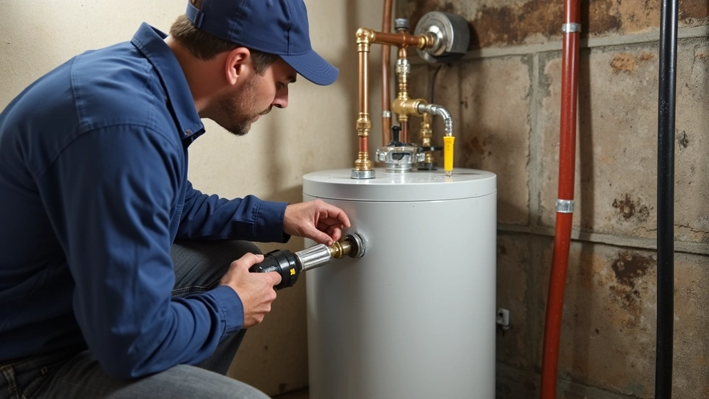 Plumber performing routine maintenance flushing a Bradford White water heater, draining sediment with professional equipment in basement