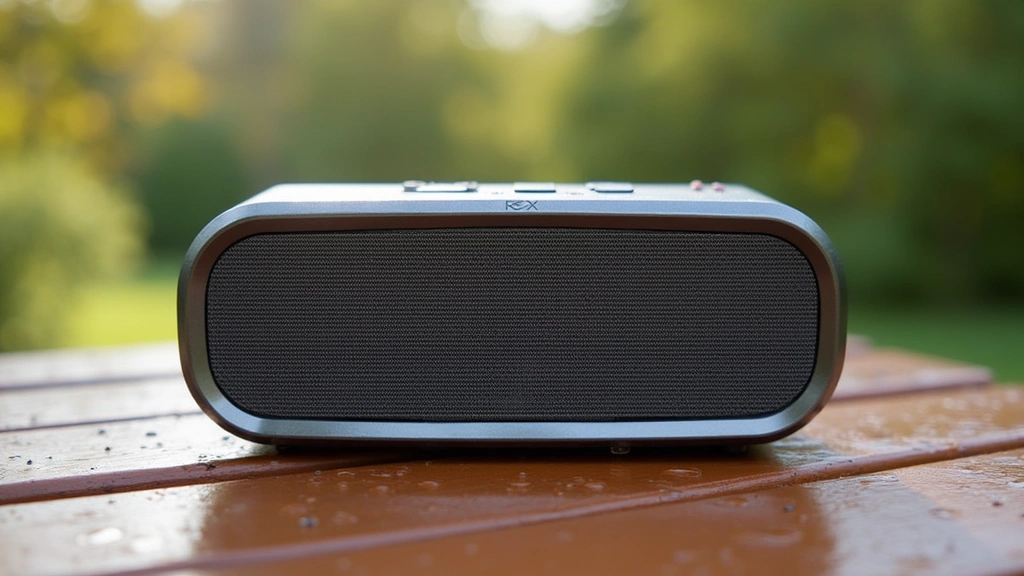 Sleek portable Bluetooth speaker with metallic finish positioned outdoors on wooden deck with natural daylight, water droplets visible on surface demonstrating durability and weatherproofing