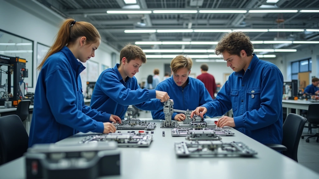 Modern high school robotics laboratory with students assembling metal robot frames, 3D printers and soldering stations visible, professional engineering environment