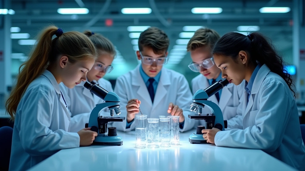 Diverse group of high school students in science lab coats conducting experiments with microscopes and laboratory equipment, modern facility with bright LED lighting