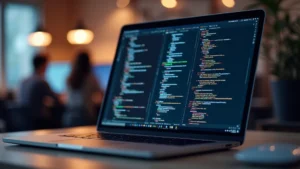 Modern laptop computer open on desk with colorful coding displayed on screen, professional workspace background, soft lighting