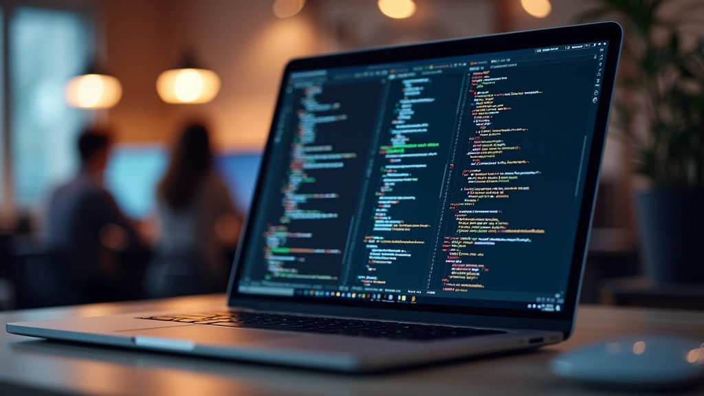 Modern laptop computer open on desk with colorful coding displayed on screen, professional workspace background, soft lighting