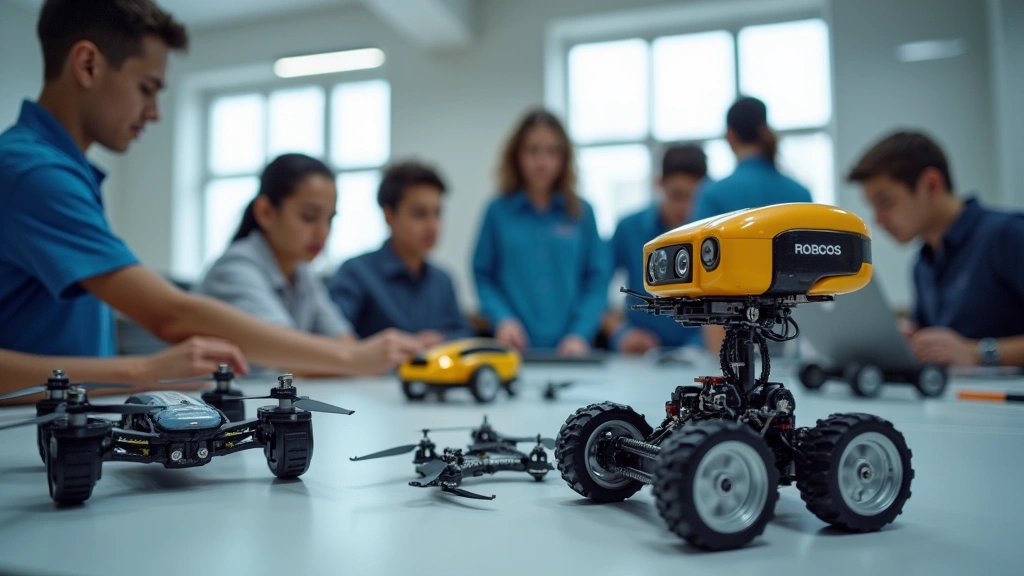 Advanced robotics equipment and drones in high school laboratory setting, students working with programmable robots, bright educational environment