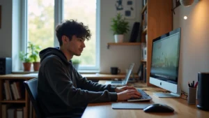 Student at desk with MacBook Air, mechanical keyboard, and external monitor in modern dorm room setup, natural window lighting, focused work environment