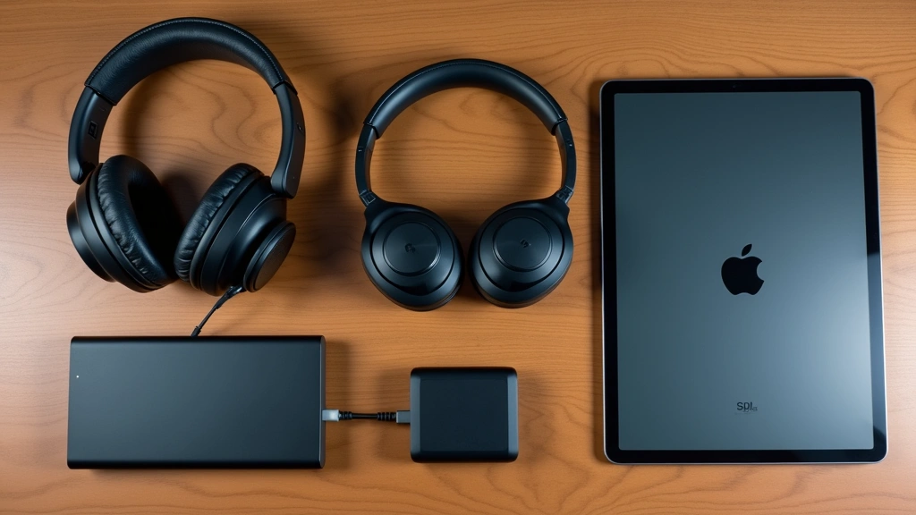 Overhead shot of tech gadget collection including headphones, USB-C chargers, external SSD, and iPad arranged on wooden desk surface with minimalist aesthetic