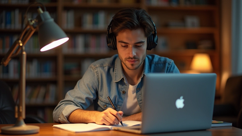 College student wearing Sony headphones at library desk with laptop open and notebook, studying with concentration, warm ambient lighting from desk lamp