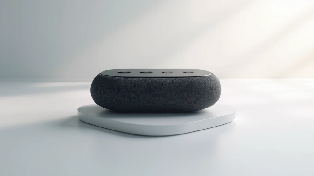 Sleek modern smart speaker device on minimalist white surface with ambient lighting, top-down angle showing microphone array details, photorealistic, professional product photography style