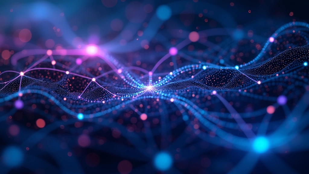 Colorful neural network visualization representing voice processing and AI algorithms, abstract flowing connections and nodes in blue, purple, and cyan tones, data streams, no text overlays