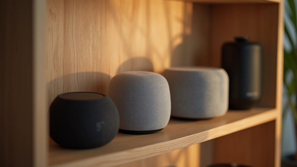 Multiple smart speakers from different brands arranged on home shelf with smart home devices, warm interior lighting, showing real-world living room environment, no visible logos or text