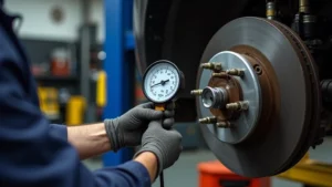 Professional mechanic using digital brake pressure gauge on vehicle brake system, pressurized testing setup with multiple hydraulic lines connected, workshop environment with tools organized