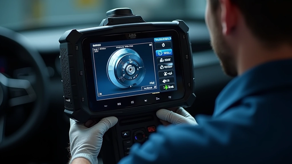 Advanced automotive diagnostic scanner displaying brake system error codes on screen, technician interface showing real-time ABS sensor data, modern shop equipment setup