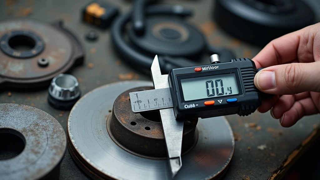 Close-up of precision digital calipers measuring brake rotor thickness, brake pads and rotors in workshop setting, measurement tools and inspection equipment arranged