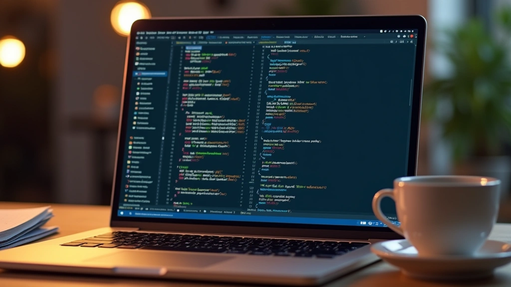 Modern laptop displaying code editor and multiple applications running simultaneously, workspace setup with coffee cup and notebook on wooden desk, professional lighting highlighting keyboard and trackpad details