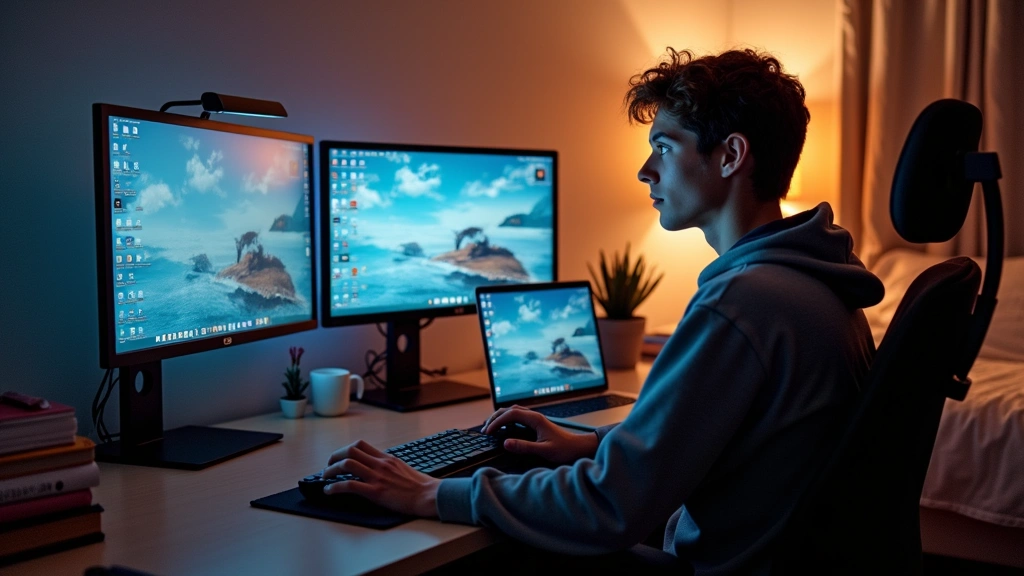 Student working at external monitor setup in dormitory room, dual monitor configuration with laptop, ergonomic keyboard and mouse, ambient desk lighting, organized workspace with textbooks and study materials