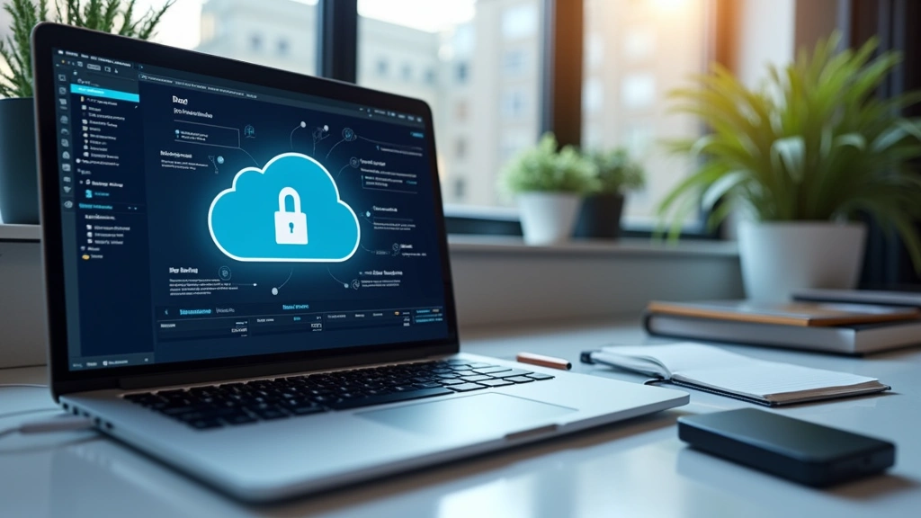 Tech workspace showing backup solutions visualization, external hard drive connected to laptop, cloud storage interface displayed on screen, security settings visible, professional office environment with natural lighting