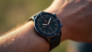 Close-up of sleek smartwatch with AMOLED display showing fitness metrics, stainless steel case catching light, worn on wrist during outdoor activity