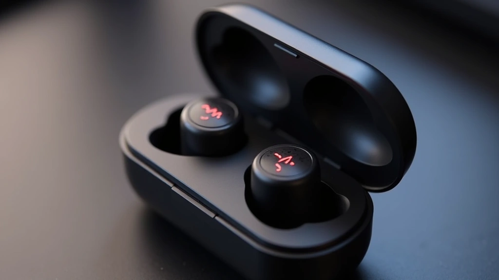 Wireless earbuds in open charging case displaying LED indicators, matte black finish, soft focus background emphasizing premium build quality and design details