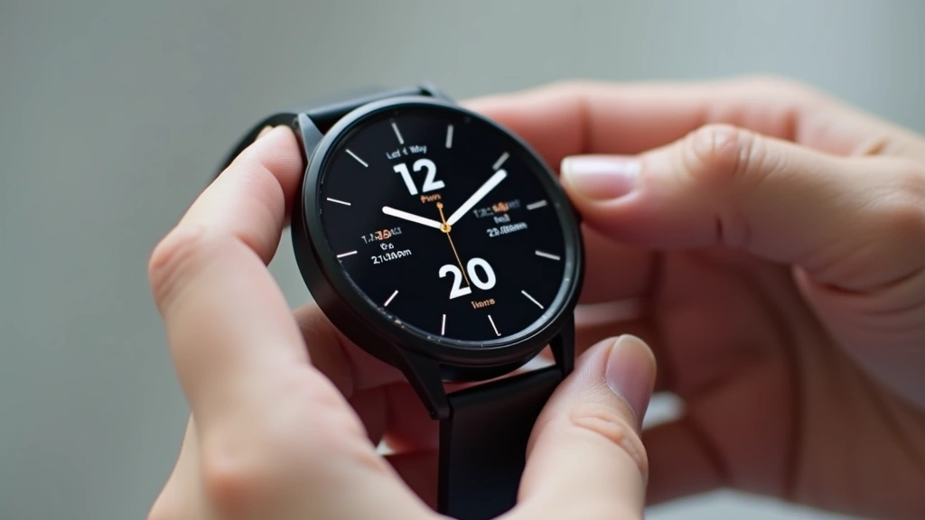 Sleek modern smartwatch with curved OLED display showing health metrics, hands holding device against minimalist background, professional product photography
