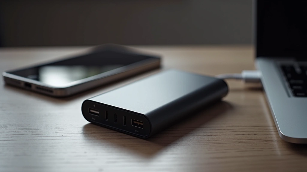 Compact cylindrical portable power bank with multiple USB ports visible, sitting on desk with smartphone and laptop nearby, studio lighting