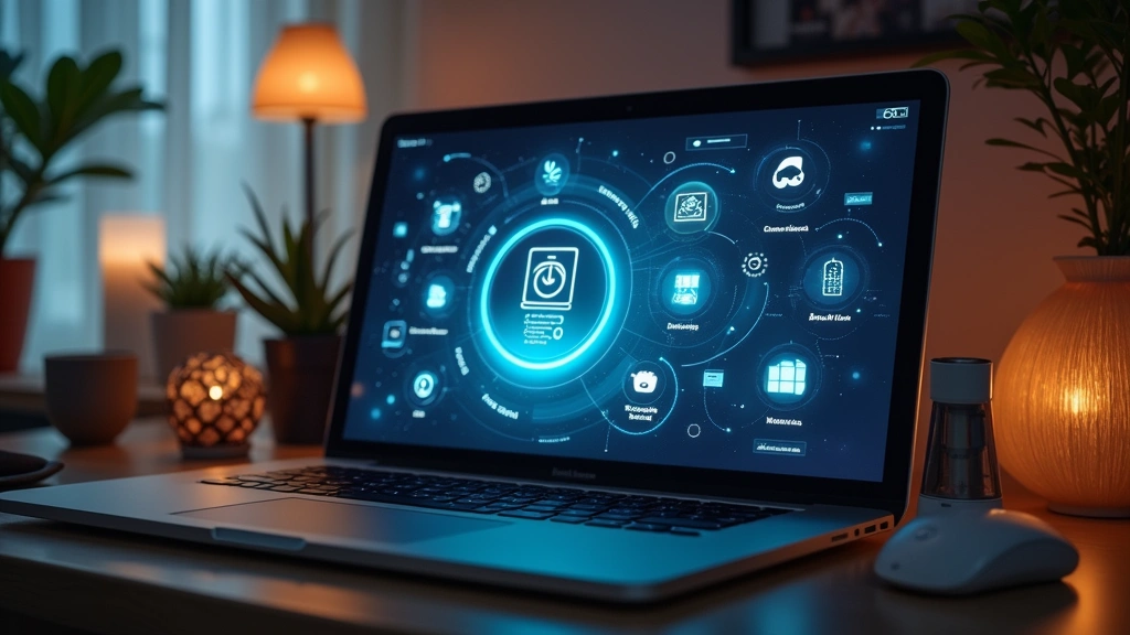 Futuristic smart home hub with touchscreen display showing connected device icons, surrounded by subtle smart home devices, warm ambient lighting