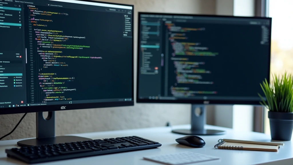 Professional tech workspace with dual monitors displaying code editor with syntax highlighting, keyboard, mouse, and notebook on clean desk surface