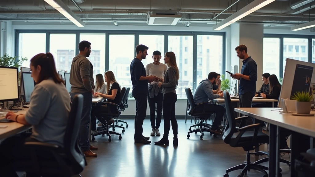 Diverse team of developers collaborating in modern open office with standing desks, whiteboards, and laptops, discussing code and project planning