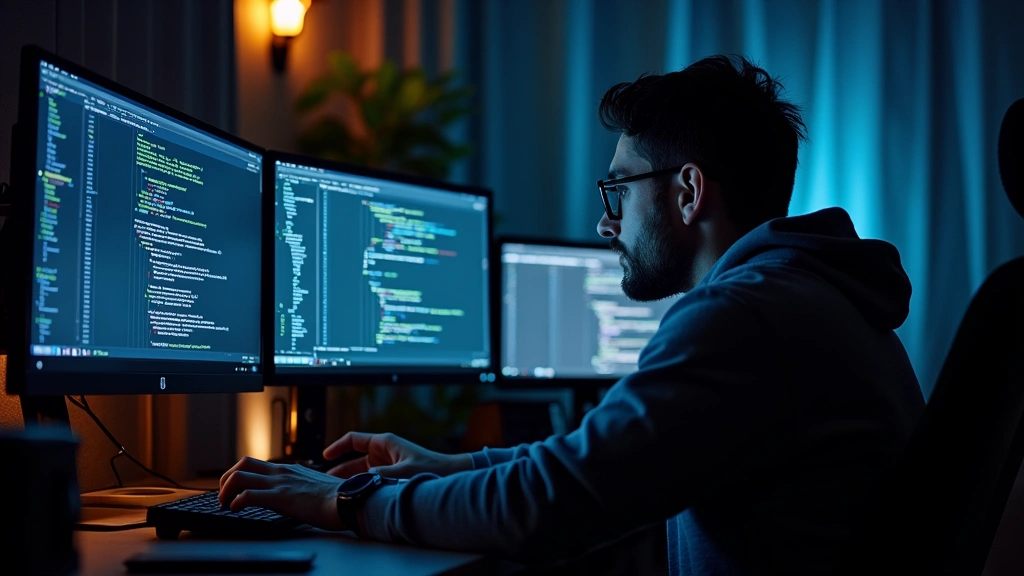 Developer working late at ergonomic setup with multiple monitors showing terminal and IDE, demonstrating focused technical work and problem-solving