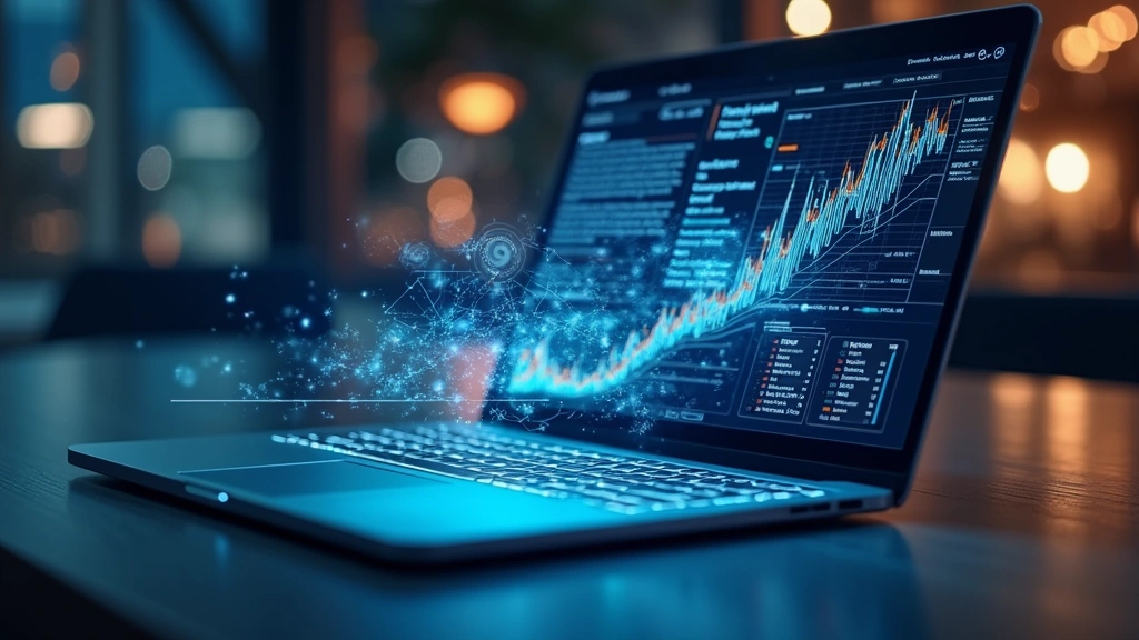 Sleek modern laptop with holographic AI interface displaying real-time data processing, energy efficiency metrics, and machine learning computations flowing across the screen, futuristic yet grounded aesthetic