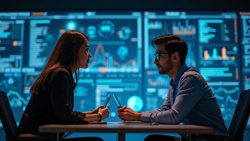 Collaborative workspace showing human researcher and advanced AI system working together on complex problem, with floating data visualizations and algorithmic patterns in the background, depicting human-AI partnership