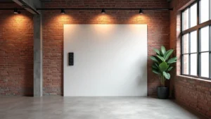 Modern brick loft interior with exposed red brick walls, polished concrete floors, large industrial windows, minimalist smart home control panel on white wall, warm lighting, no text visible