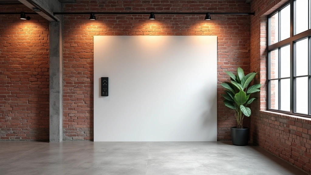 Modern brick loft interior with exposed red brick walls, polished concrete floors, large industrial windows, minimalist smart home control panel on white wall, warm lighting, no text visible