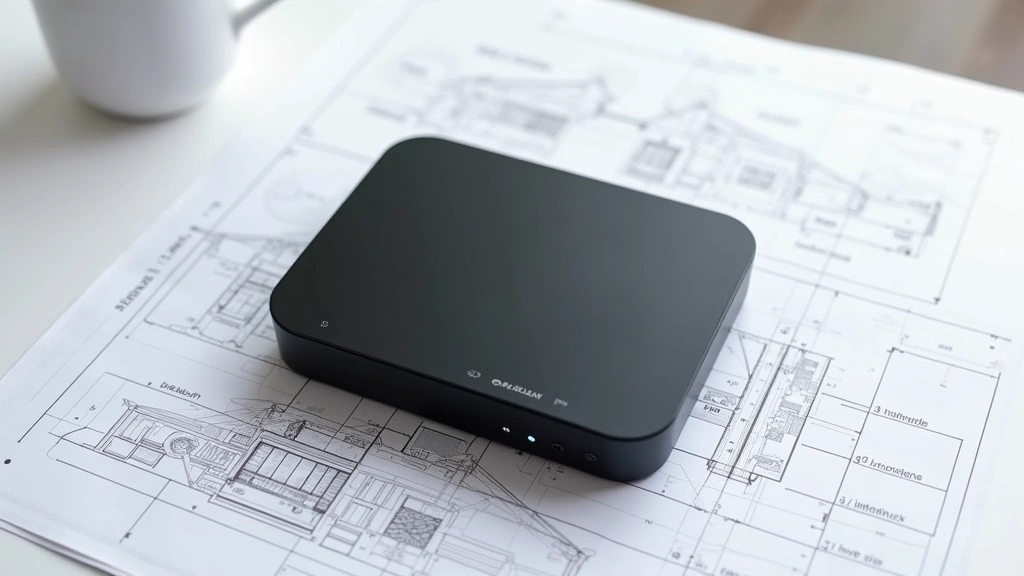 Overhead view of smart home mesh router with Wi-Fi 6E, matte black finish, surrounded by architectural blueprints and technical specifications, professional photography style, clean background