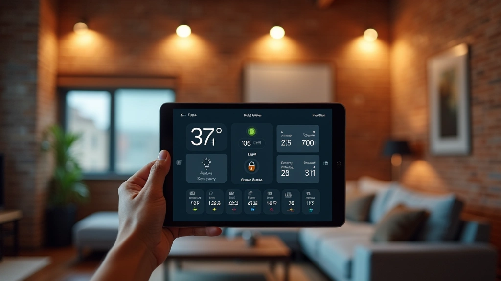 Interior smart home control interface showing temperature, lighting, and security status, displayed on modern tablet device held by hand in contemporary loft space with exposed brick background, warm ambient lighting