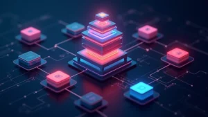 Modular tech stack visualization showing interconnected colored blocks and components with glowing connection lines representing data flow and communication between microservices, modern minimalist design