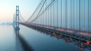 Advanced bridge cable construction showing composite materials and embedded sensor nodes integrated throughout steel cables in photorealistic detail