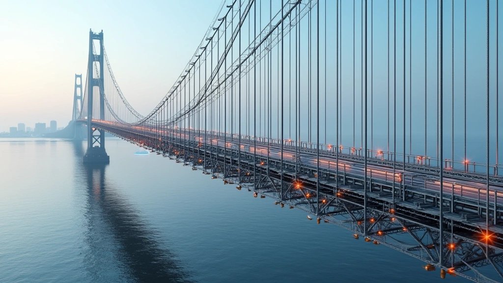 Advanced bridge cable construction showing composite materials and embedded sensor nodes integrated throughout steel cables in photorealistic detail