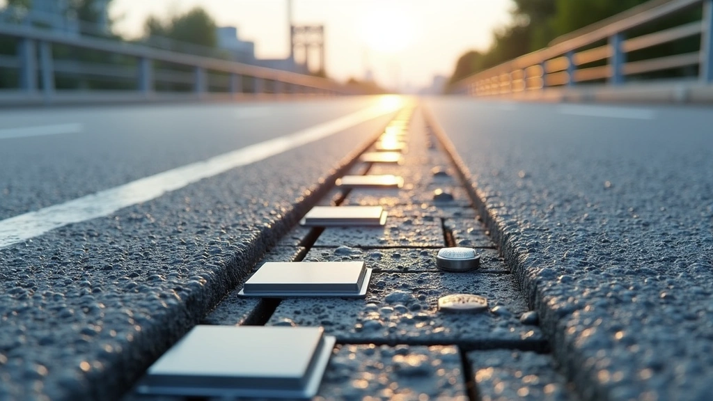 Close-up of bridge deck surface showing permeable pavement, embedded solar components, and sensor arrays with photorealistic textures and lighting