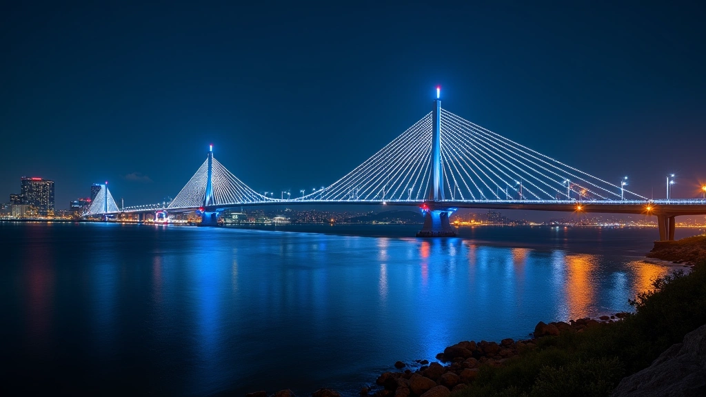 Panoramic nighttime view of illuminated bridge spanning water with cable towers, kinetic LED lighting systems, and integrated smart infrastructure visible