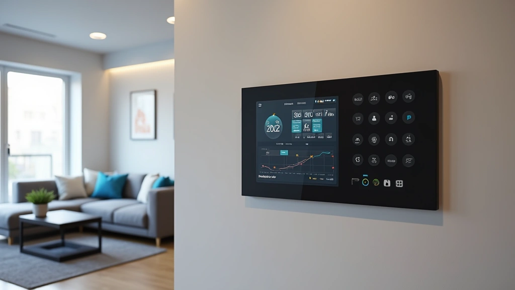 Modern apartment interior with smart home control panel on wall, multiple IoT devices visible, professional lighting setup, contemporary furniture, clean minimalist design, photorealistic detail, no text or logos